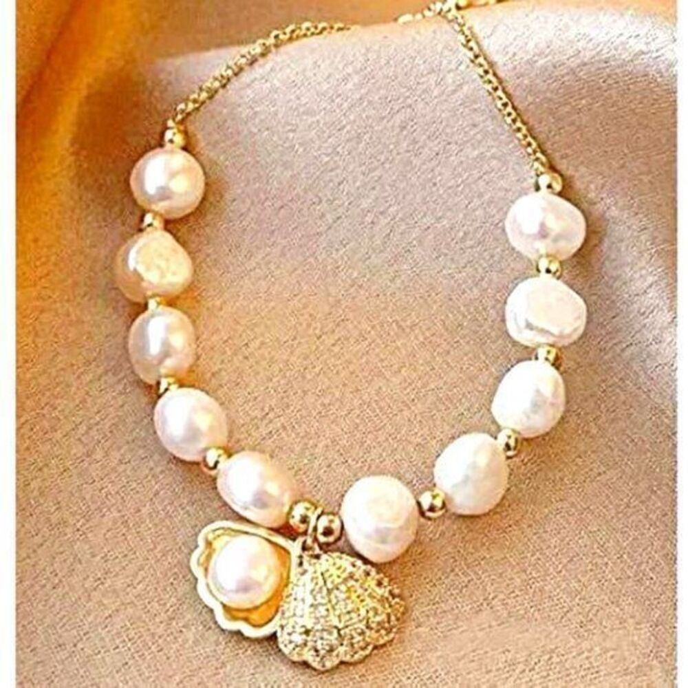 Coastal Style Faux Pearl & Gold Statement Bracelet with Adjustable Drawstring